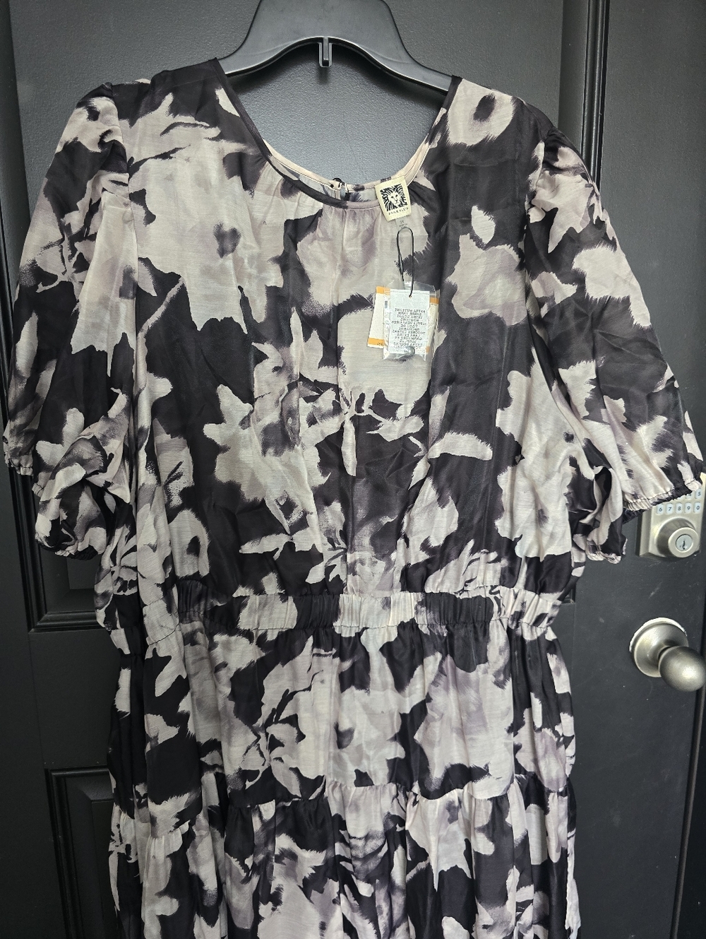 Anne Klein Plus Sz 3X Black Floral Maxi Dress Puff Sleeve Elastic Waist Coastal - Picture 2 of 11